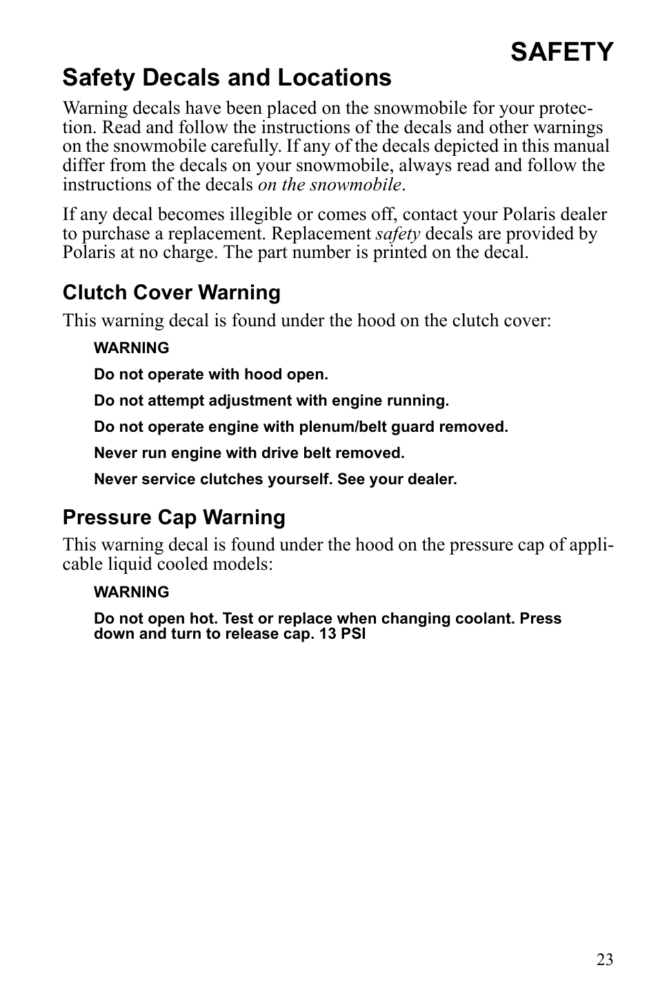 Safety, Safety decals and locations | Polaris IQ Turbo Dragon User Manual | Page 26 / 159