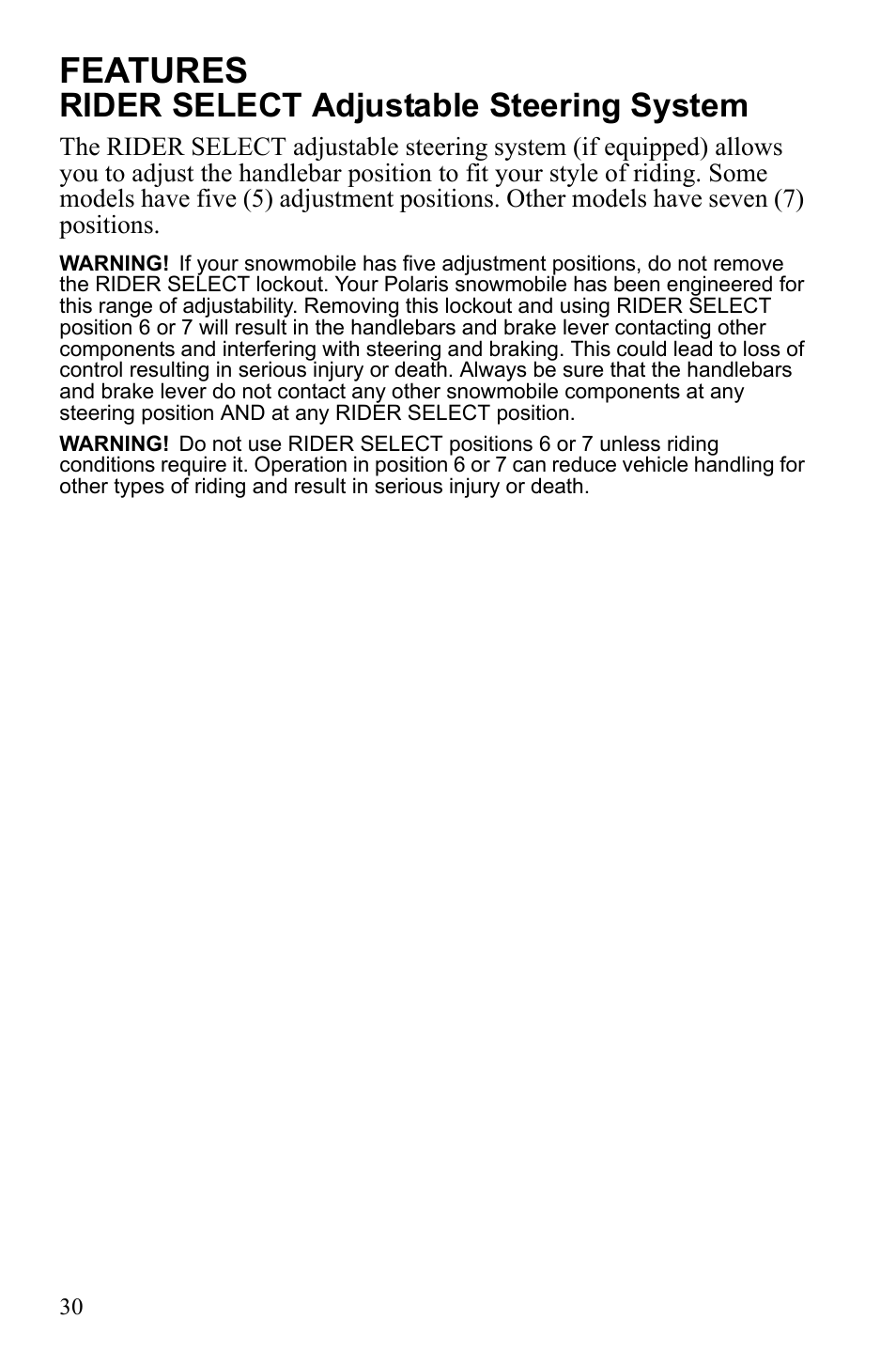 Features, Rider select adjustable steering system | Polaris IQ Turbo Dragon User Manual | Page 33 / 159