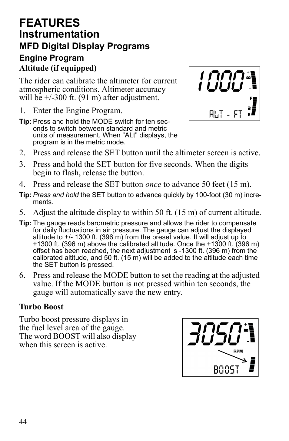 Features, Instrumentation, Mfd digital display programs | Polaris IQ Turbo Dragon User Manual | Page 47 / 159