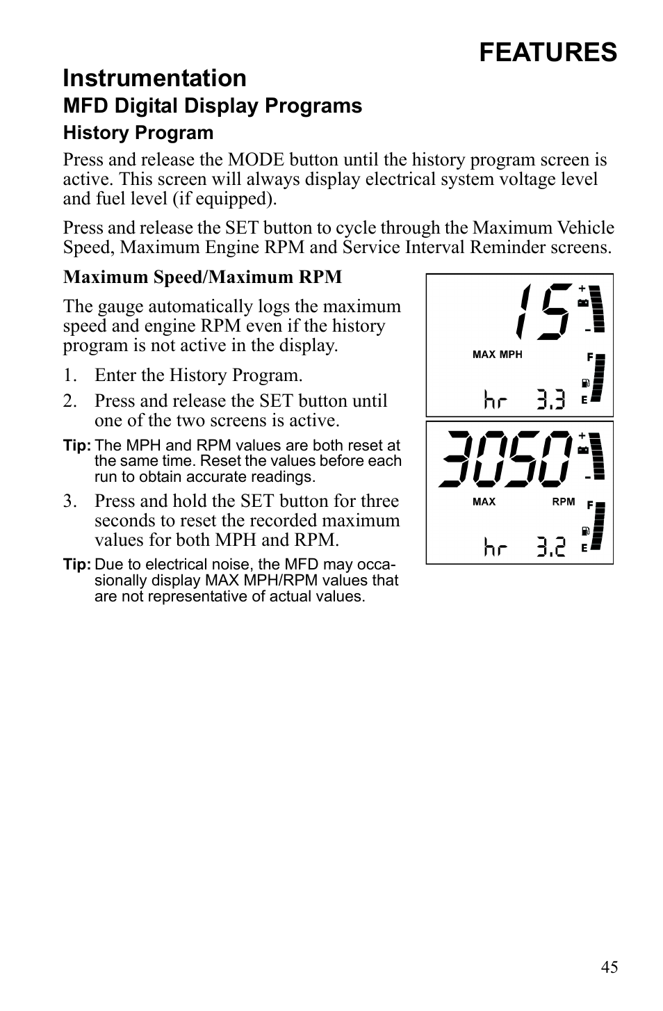 Features, Instrumentation, Mfd digital display programs | Polaris IQ Turbo Dragon User Manual | Page 48 / 159