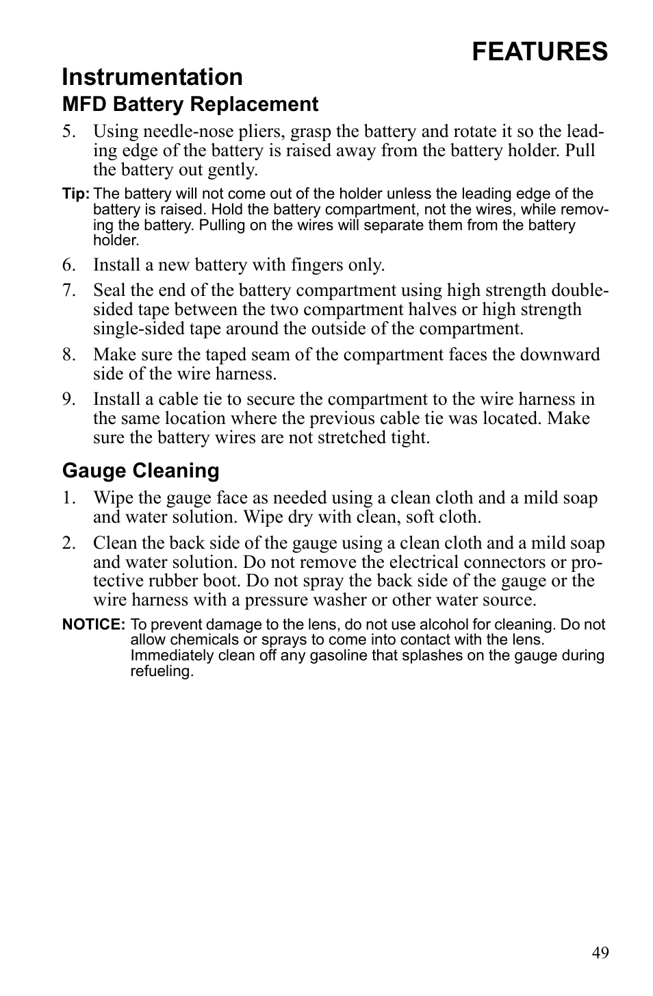 Features, Instrumentation, Mfd battery replacement | Gauge cleaning | Polaris IQ Turbo Dragon User Manual | Page 52 / 159