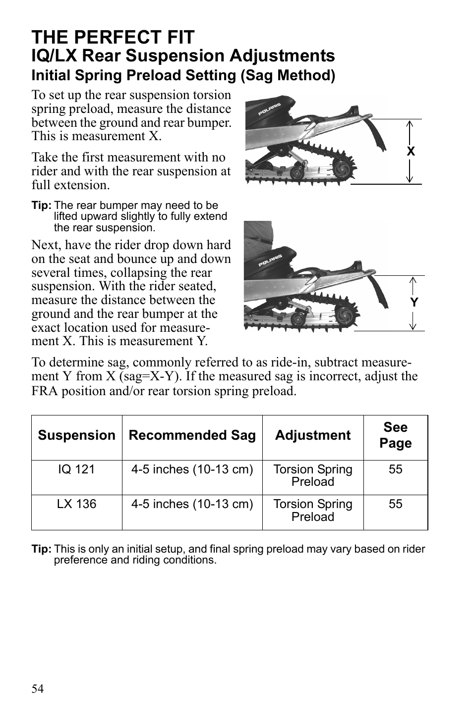 The perfect fit, Iq/lx rear suspension adjustments, Initial spring preload setting (sag method) | Polaris IQ Turbo Dragon User Manual | Page 57 / 159