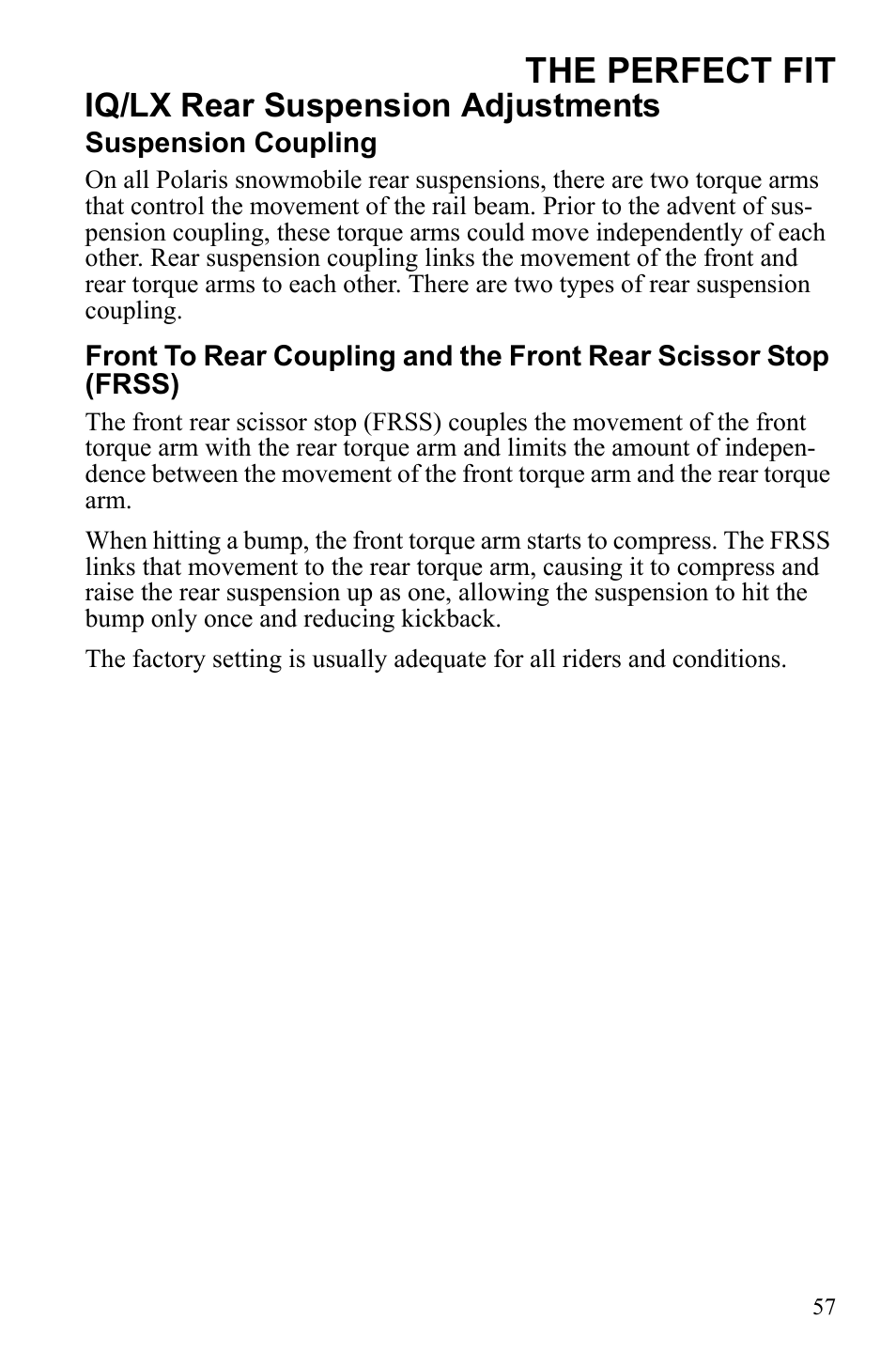 The perfect fit, Iq/lx rear suspension adjustments | Polaris IQ Turbo Dragon User Manual | Page 60 / 159