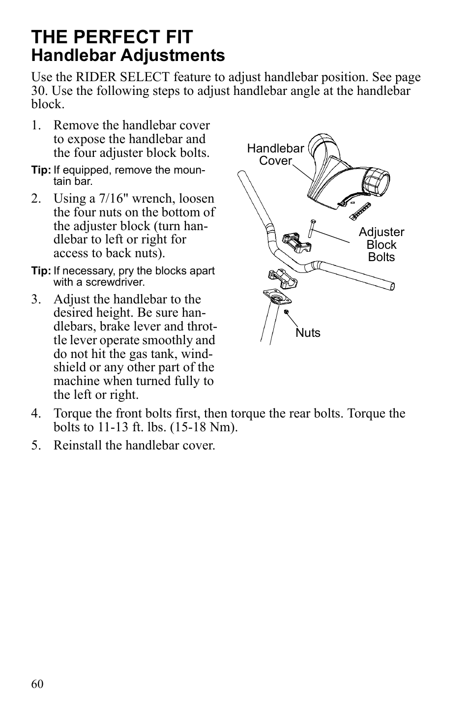 The perfect fit, Handlebar adjustments | Polaris IQ Turbo Dragon User Manual | Page 63 / 159