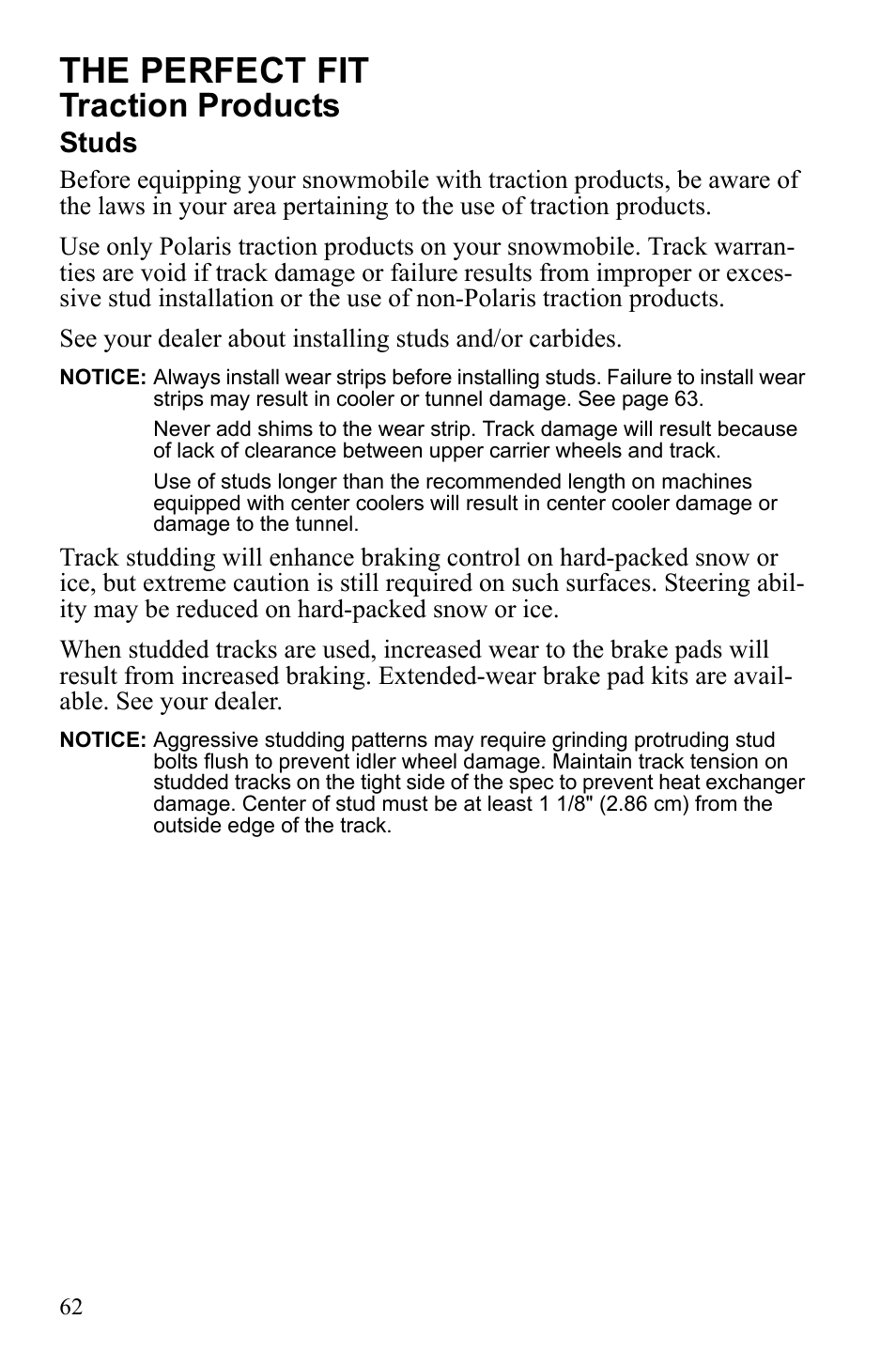 The perfect fit, Traction products, Studs | Polaris IQ Turbo Dragon User Manual | Page 65 / 159