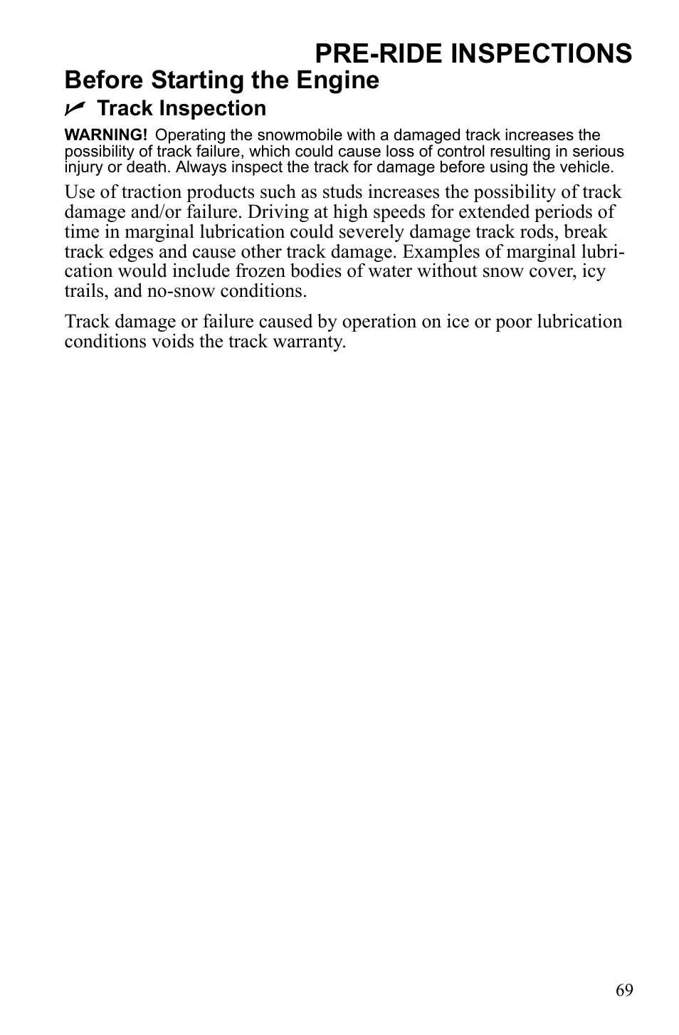 Pre-ride inspections, Before starting the engine | Polaris IQ Turbo Dragon User Manual | Page 72 / 159