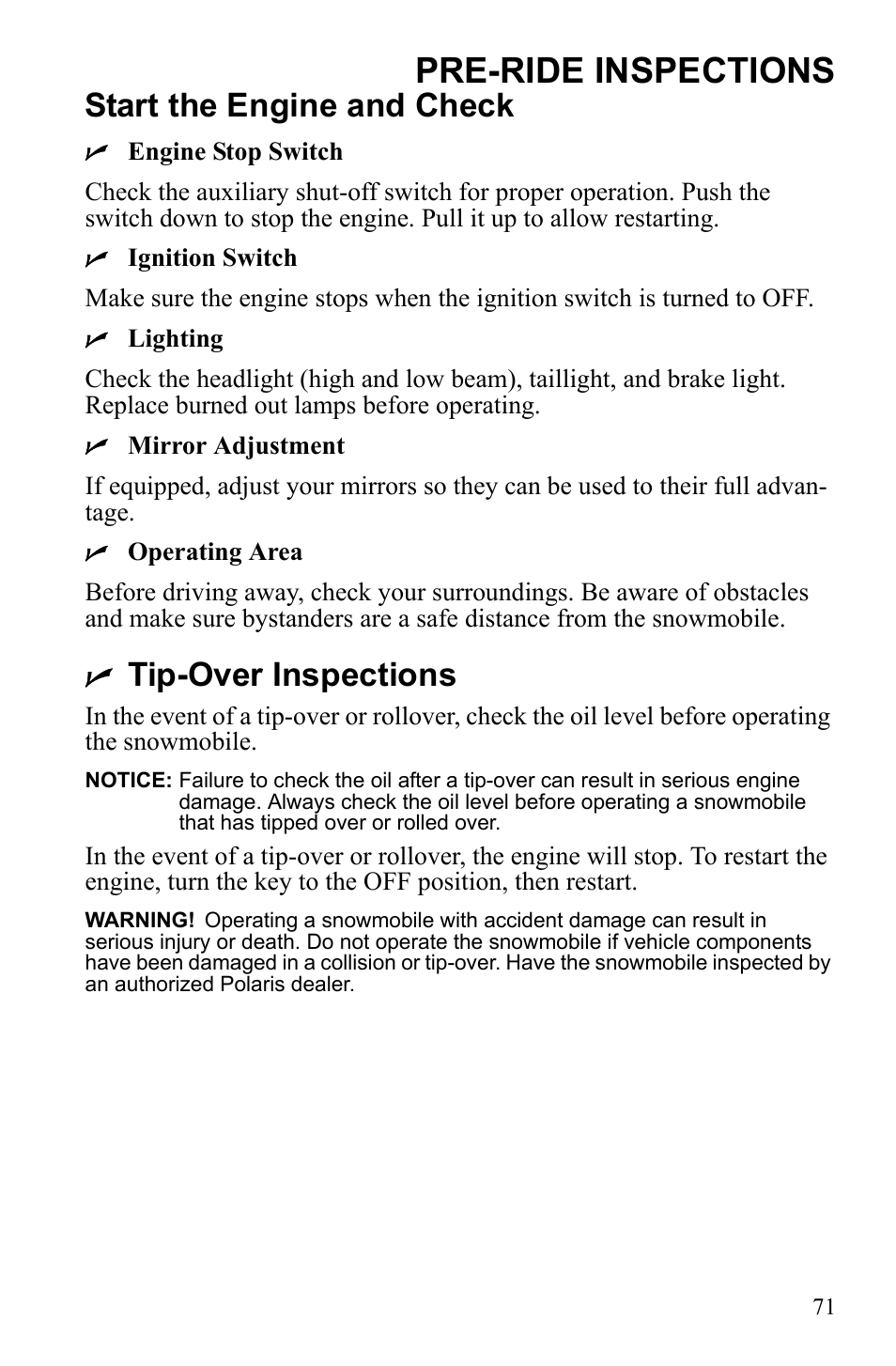 Pre-ride inspections, Start the engine and check, Tip-over inspections | Polaris IQ Turbo Dragon User Manual | Page 74 / 159
