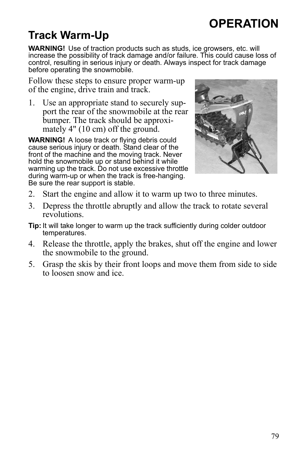 Operation, Track warm-up | Polaris IQ Turbo Dragon User Manual | Page 82 / 159