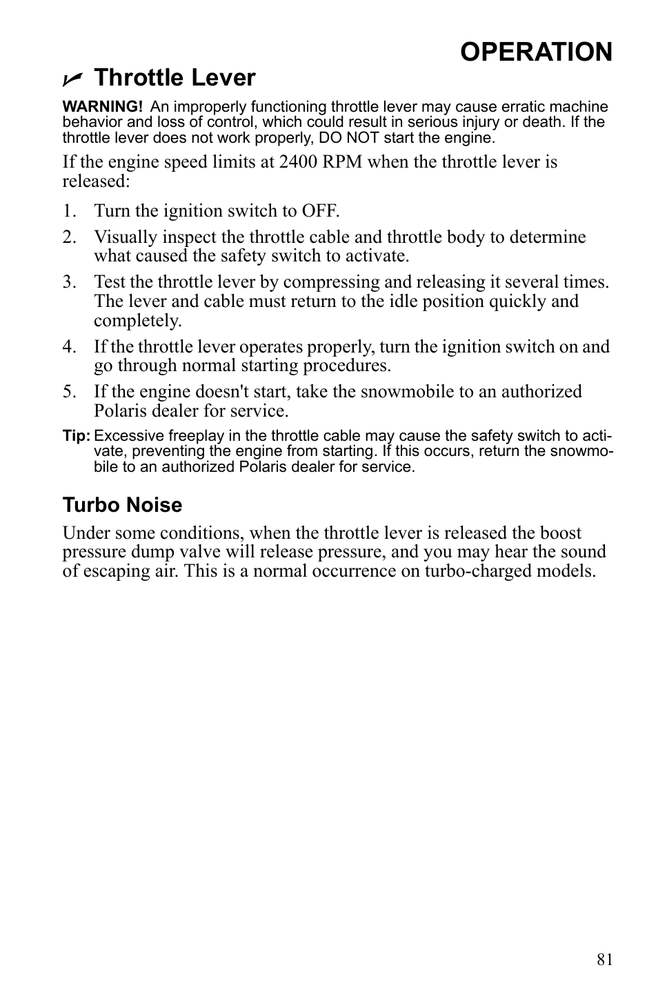 Operation, Throttle lever | Polaris IQ Turbo Dragon User Manual | Page 84 / 159