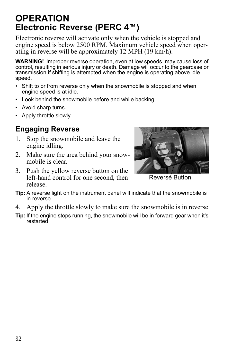 Operation, Electronic reverse (perc 4 t ), Engaging reverse | Polaris IQ Turbo Dragon User Manual | Page 85 / 159