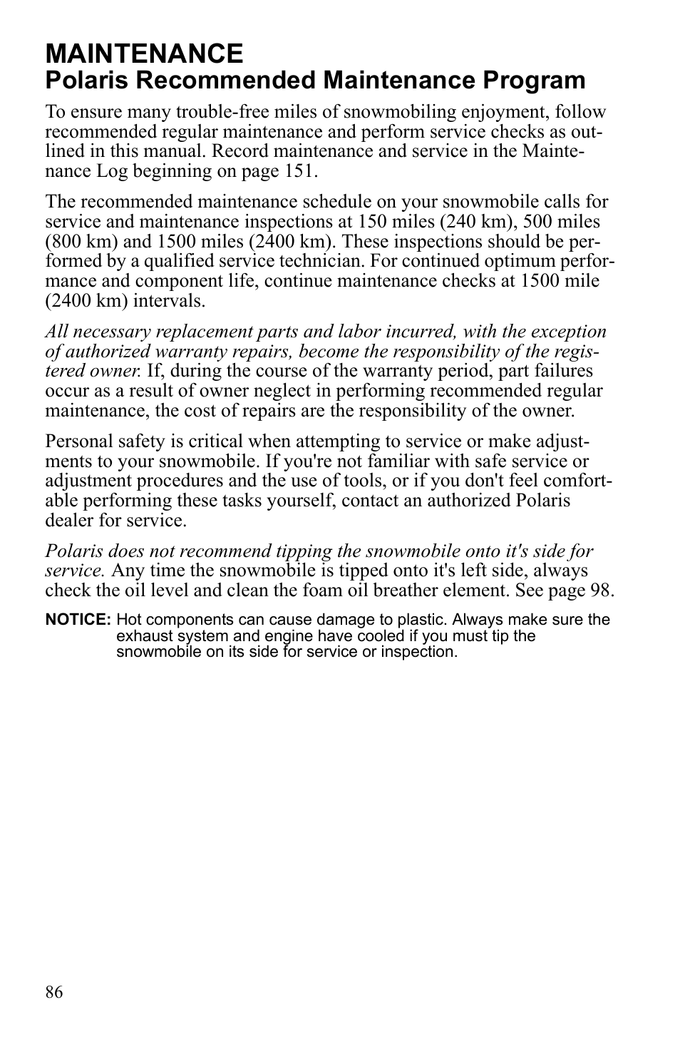 Maintenance, Polaris recommended maintenance program | Polaris IQ Turbo Dragon User Manual | Page 89 / 159