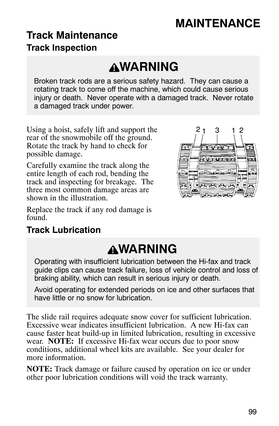 Warning, Maintenance, Track maintenance | Polaris 800 Switchback User Manual | Page 101 / 127