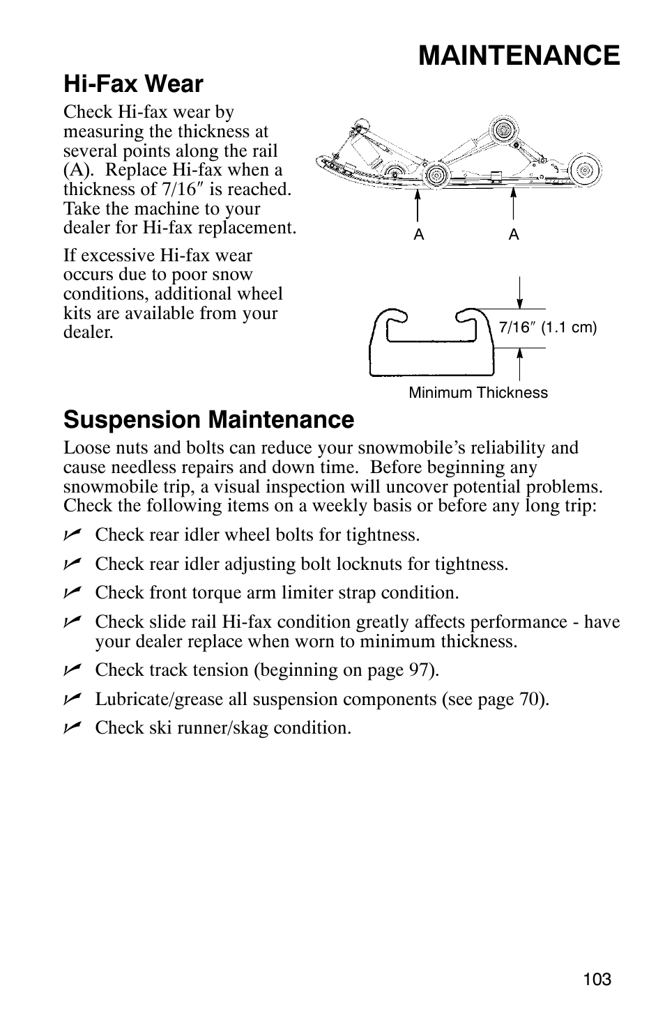 Maintenance, Hi-fax wear, Suspension maintenance | Polaris 800 Switchback User Manual | Page 105 / 127