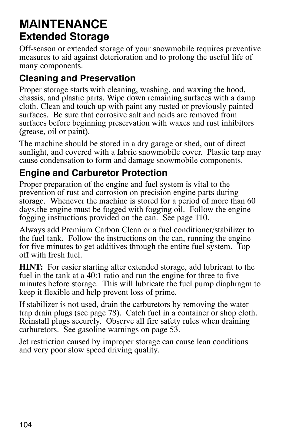 Maintenance, Extended storage | Polaris 800 Switchback User Manual | Page 106 / 127