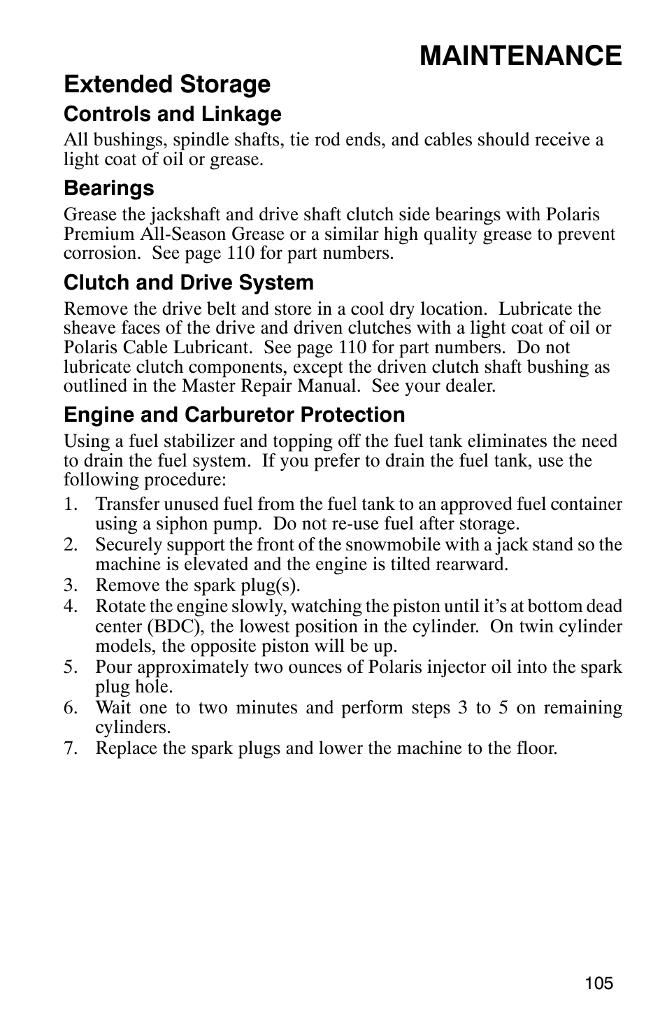 Maintenance, Extended storage | Polaris 800 Switchback User Manual | Page 107 / 127