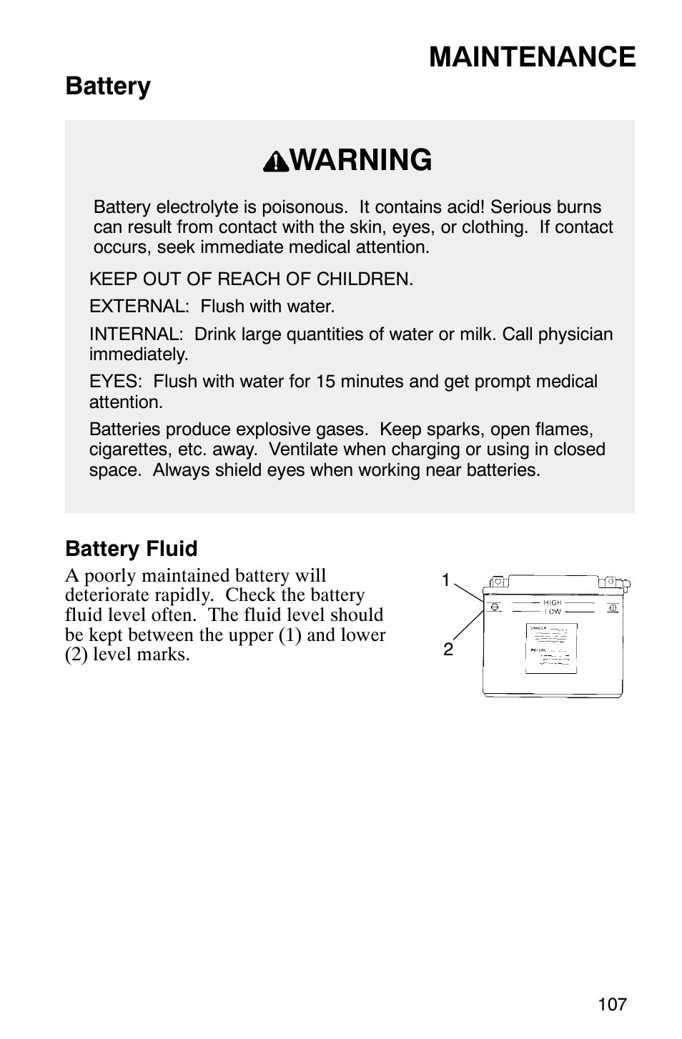 Warning, Maintenance, Battery | Polaris 800 Switchback User Manual | Page 109 / 127