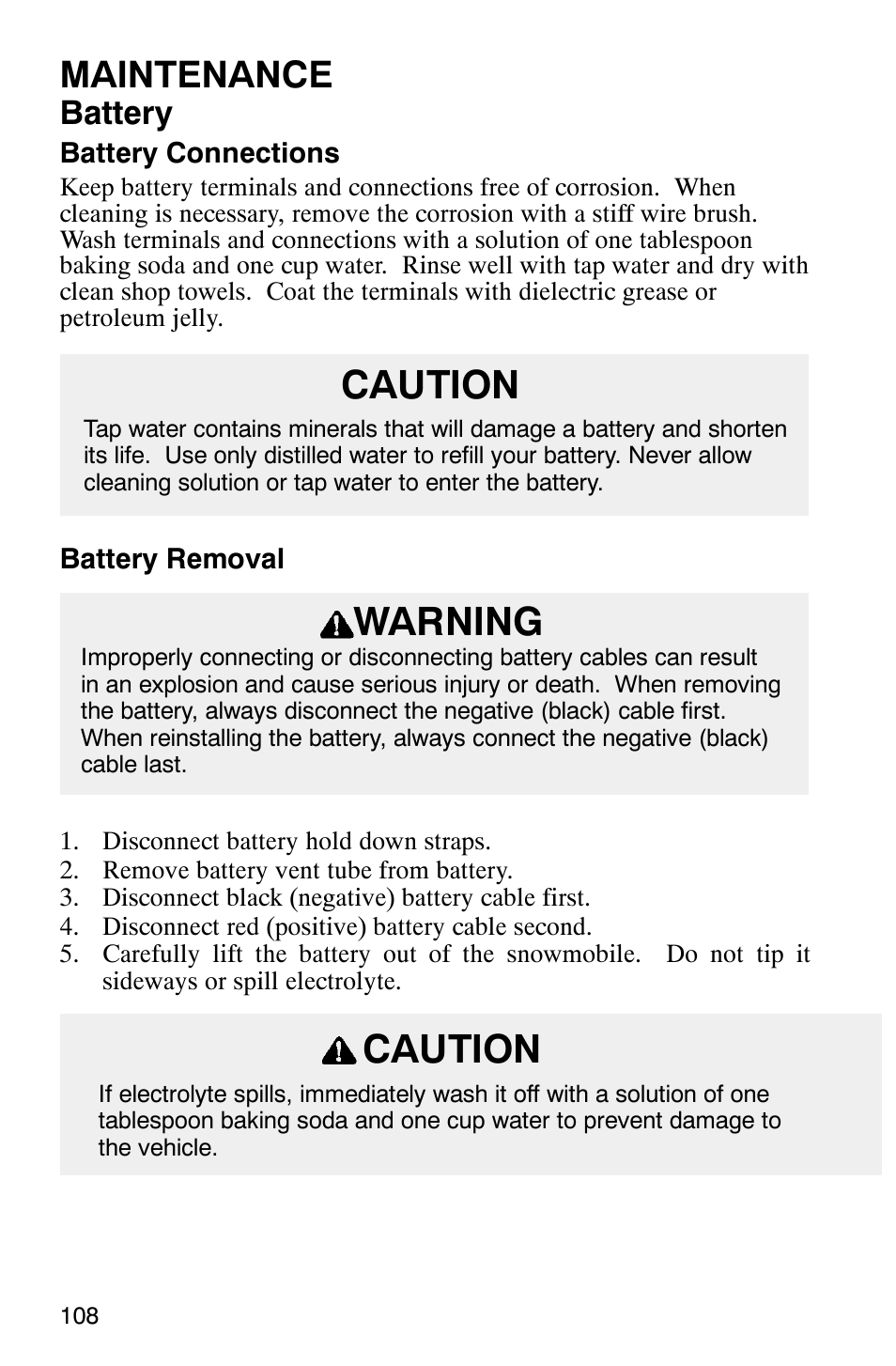 Caution, Warning, Maintenance | Battery | Polaris 800 Switchback User Manual | Page 110 / 127