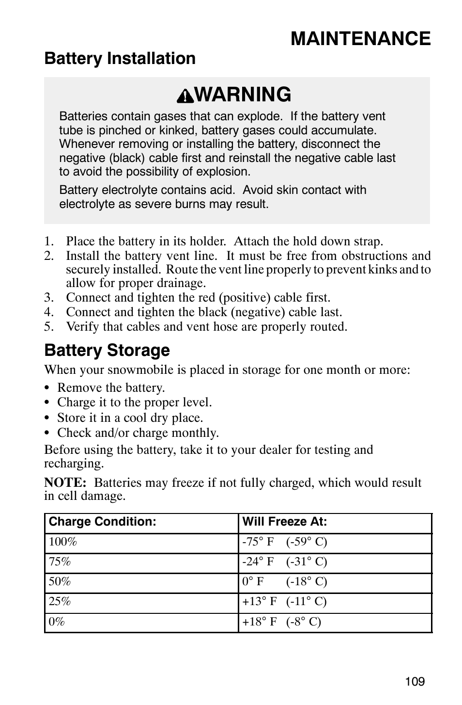 Warning, Maintenance, Battery installation | Battery storage | Polaris 800 Switchback User Manual | Page 111 / 127