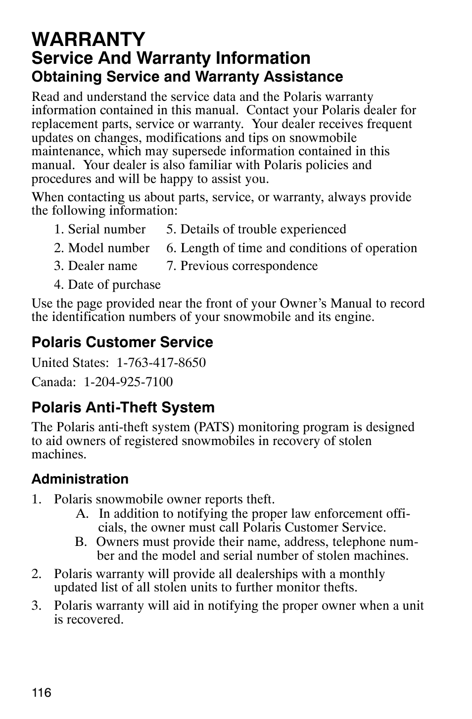 Warranty, Service and warranty information | Polaris 800 Switchback User Manual | Page 118 / 127