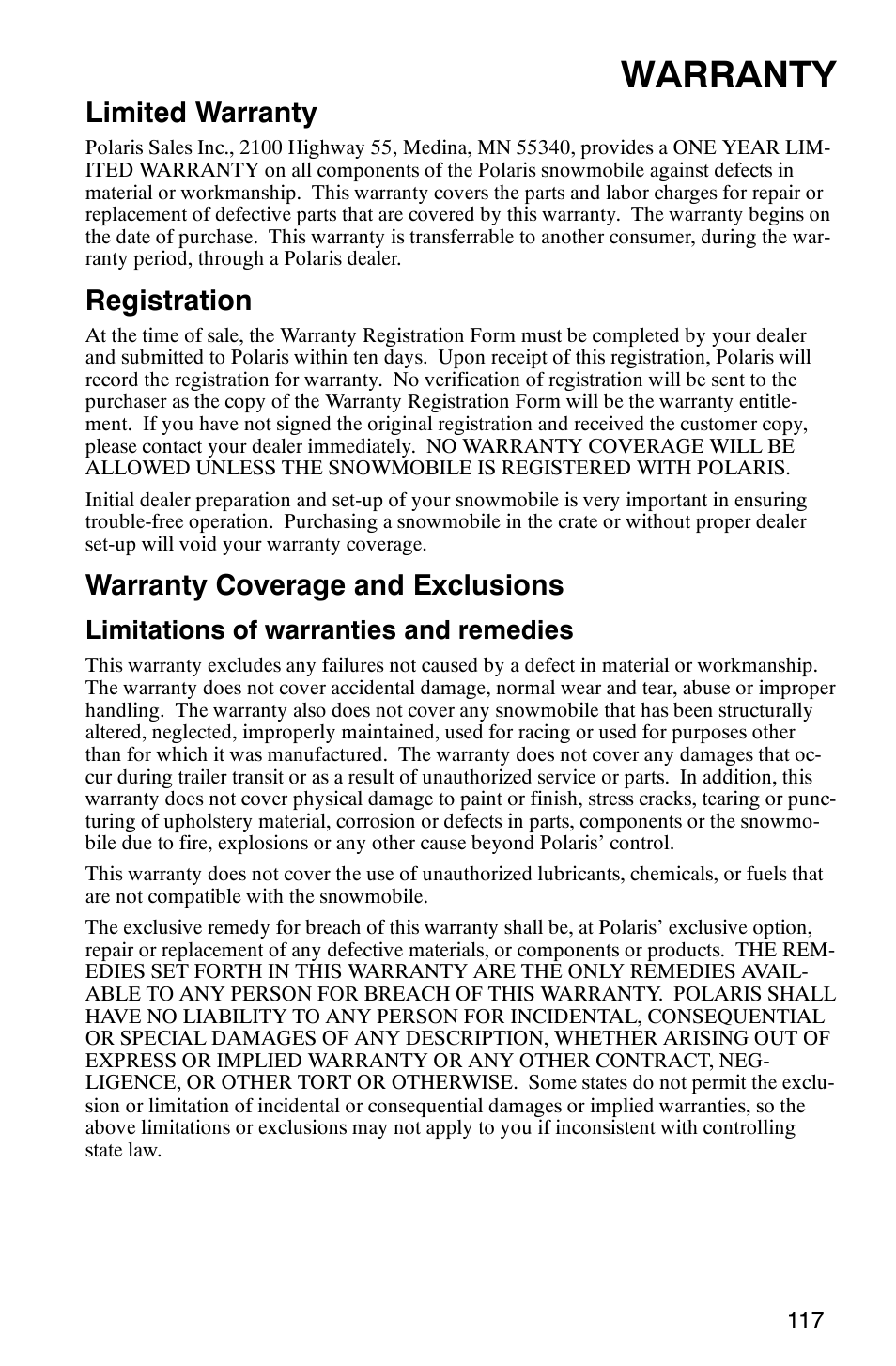 Warranty, Limited warranty, Registration | Warranty coverage and exclusions, Limitations of warranties and remedies | Polaris 800 Switchback User Manual | Page 119 / 127