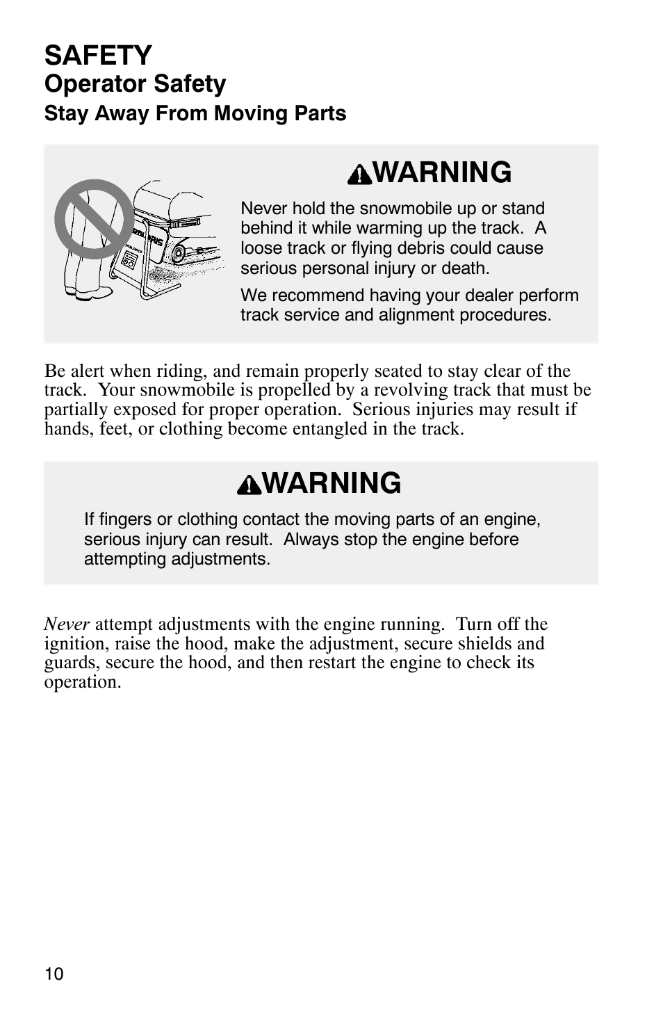 Warning, Safety, Operator safety | Polaris 800 Switchback User Manual | Page 12 / 127