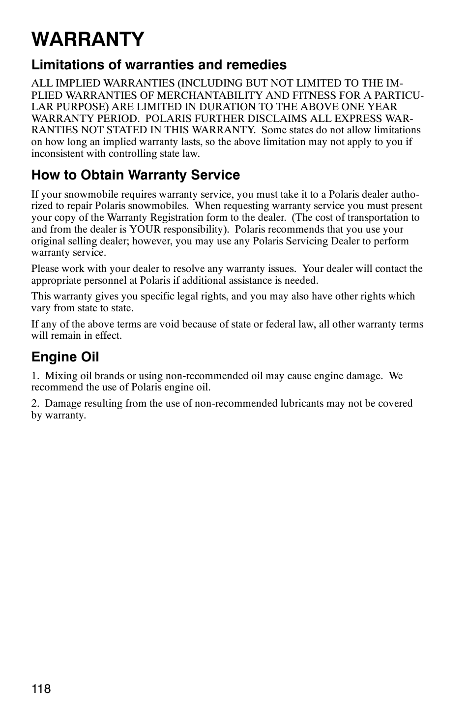 Warranty, Limitations of warranties and remedies, How to obtain warranty service | Engine oil | Polaris 800 Switchback User Manual | Page 120 / 127