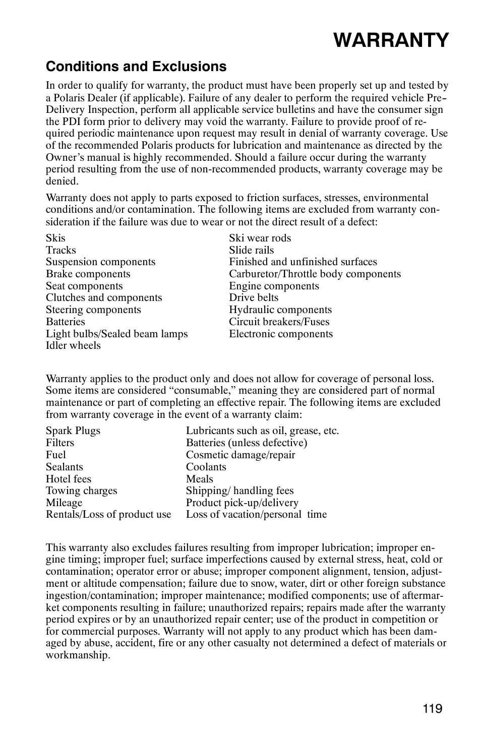 Warranty, Conditions and exclusions | Polaris 800 Switchback User Manual | Page 121 / 127