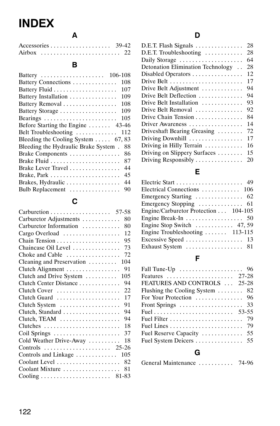 Index | Polaris 800 Switchback User Manual | Page 124 / 127