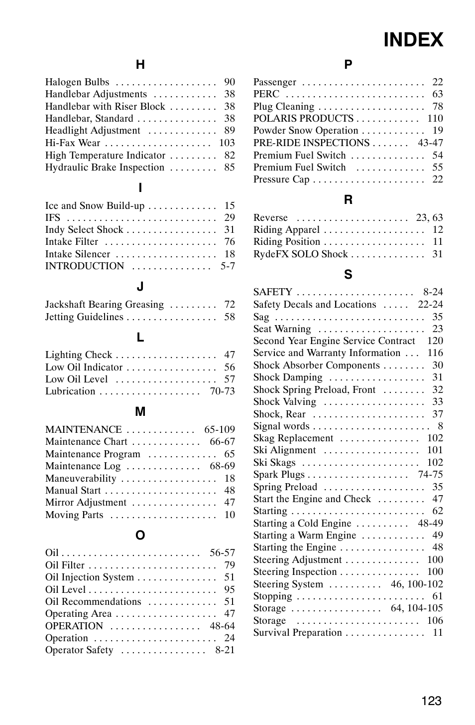 Index | Polaris 800 Switchback User Manual | Page 125 / 127