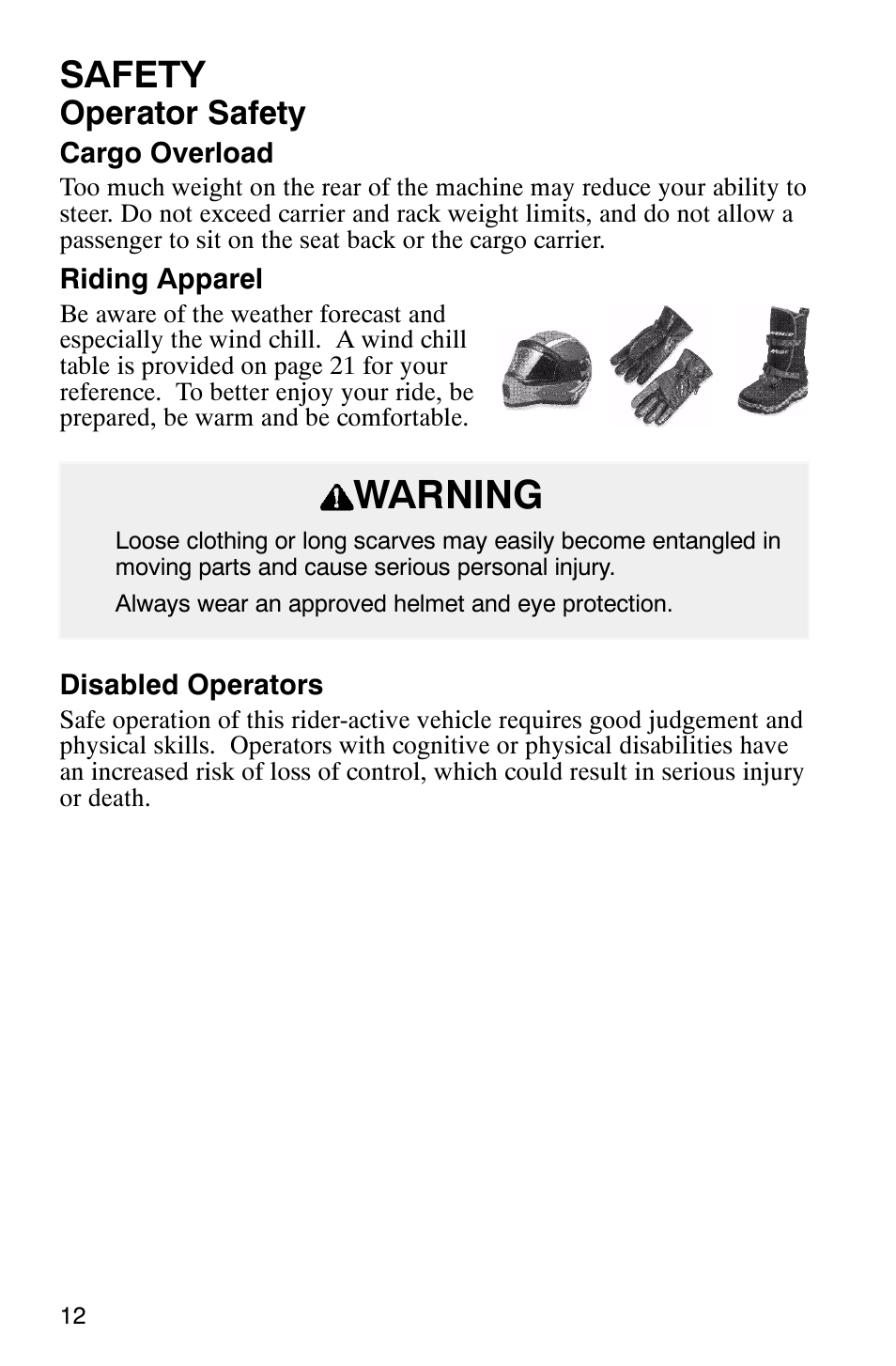 Warning, Safety, Operator safety | Polaris 800 Switchback User Manual | Page 14 / 127