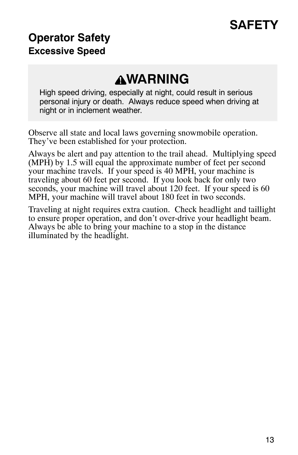 Warning, Safety, Operator safety | Polaris 800 Switchback User Manual | Page 15 / 127