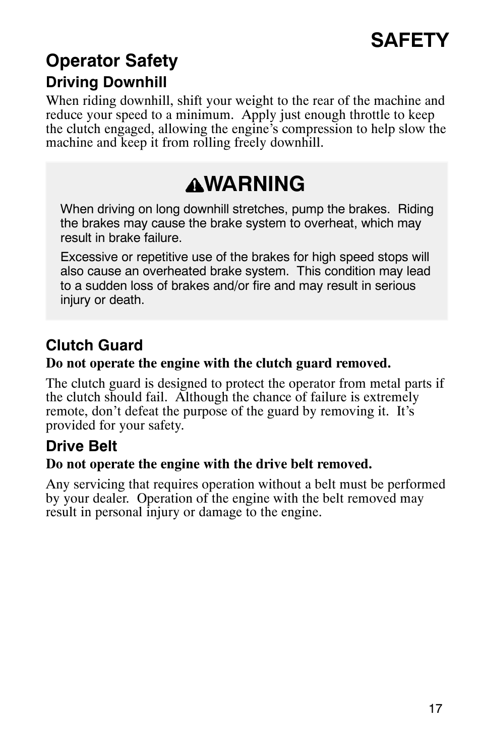 Warning, Safety, Operator safety | Polaris 800 Switchback User Manual | Page 19 / 127