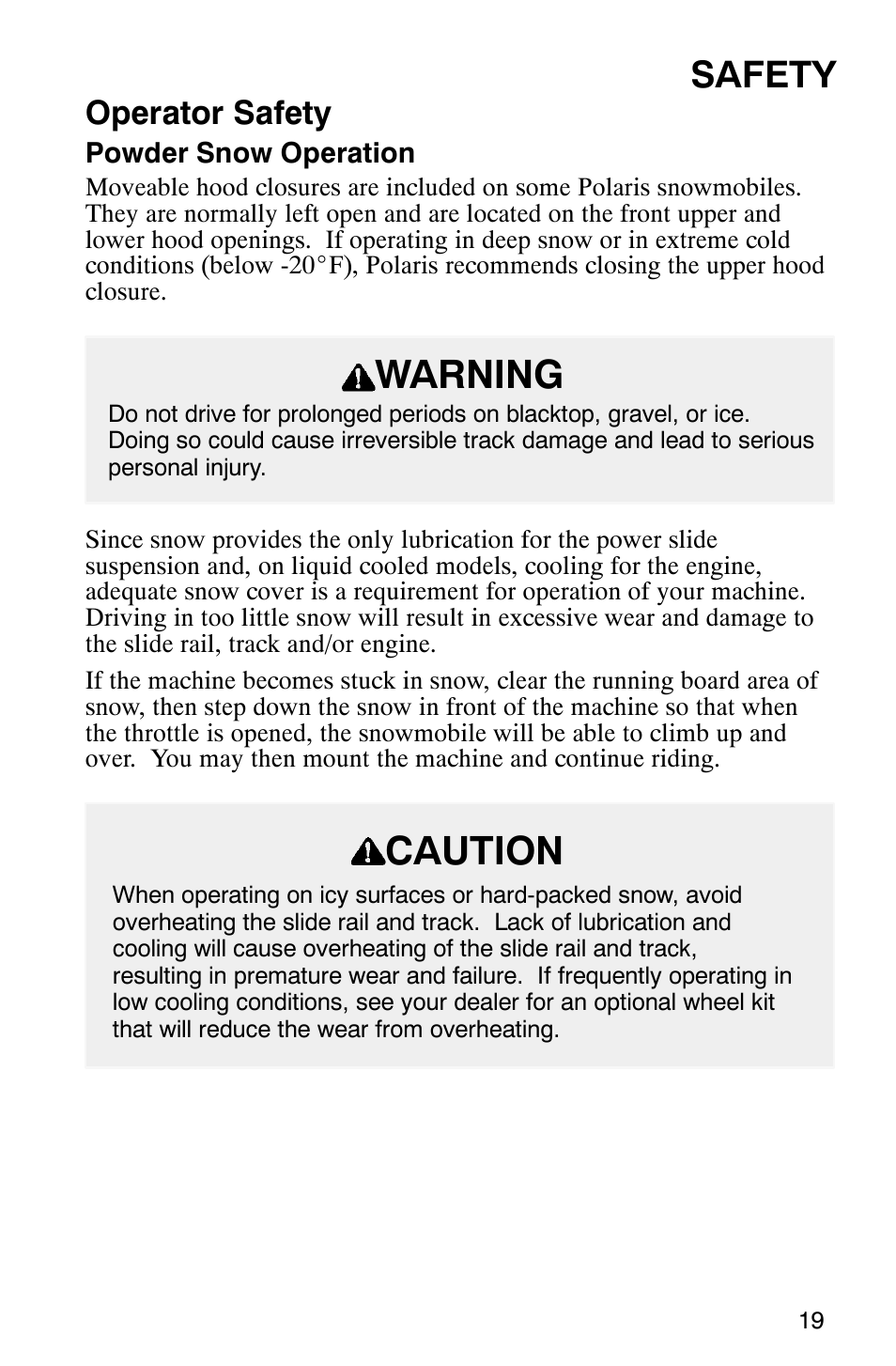 Warning, Caution, Safety | Operator safety | Polaris 800 Switchback User Manual | Page 21 / 127