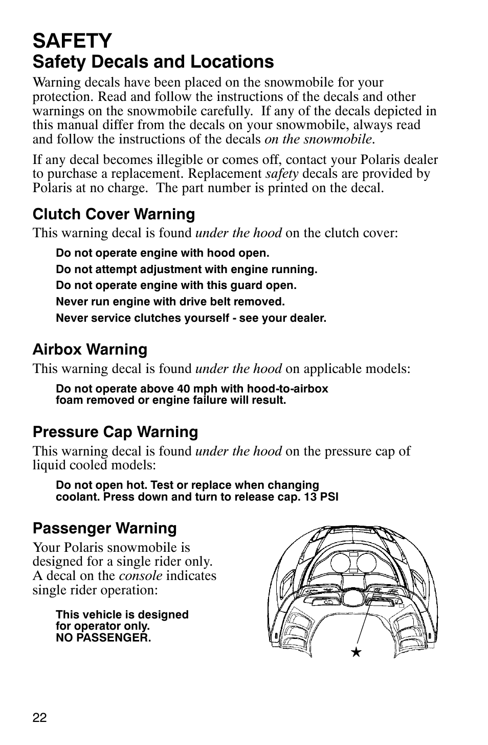 Safety, Safety decals and locations | Polaris 800 Switchback User Manual | Page 24 / 127