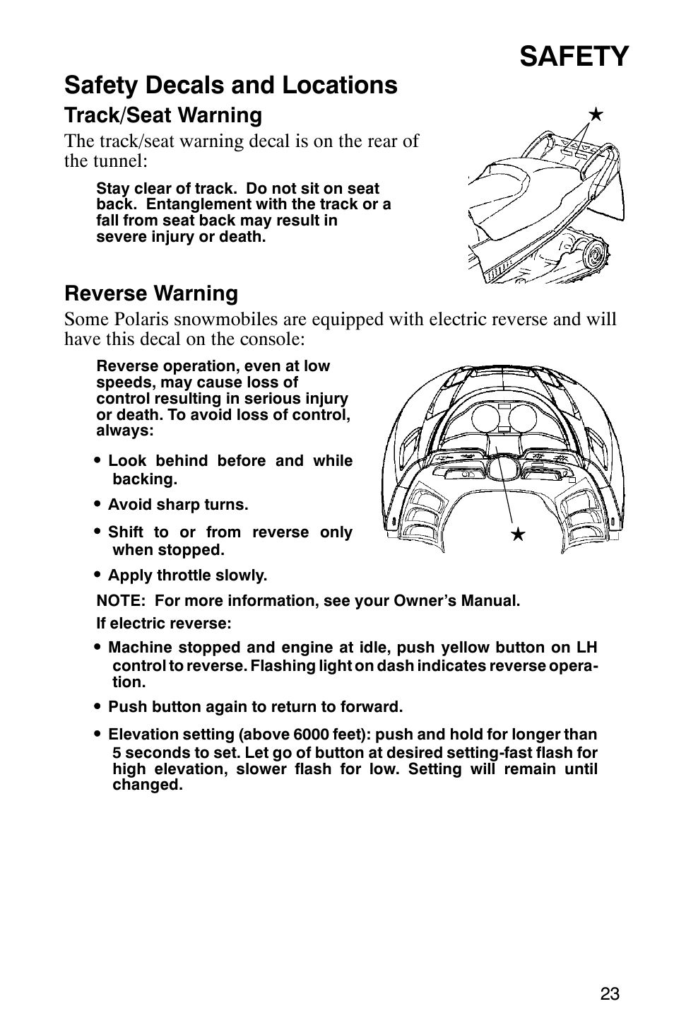 Safety, Safety decals and locations, Track/seat warning | Reverse warning | Polaris 800 Switchback User Manual | Page 25 / 127