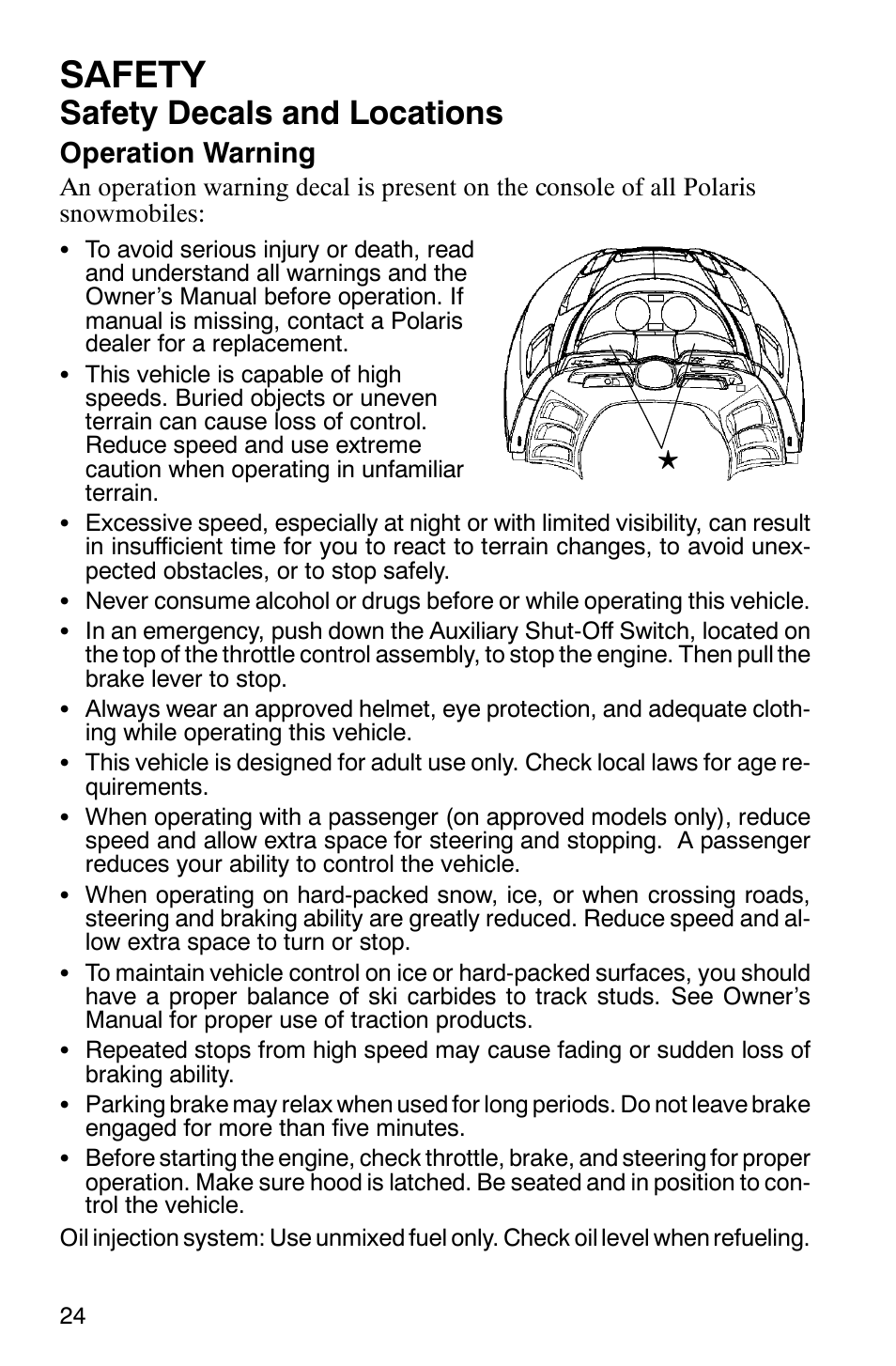 Safety, Safety decals and locations, Operation warning | Polaris 800 Switchback User Manual | Page 26 / 127