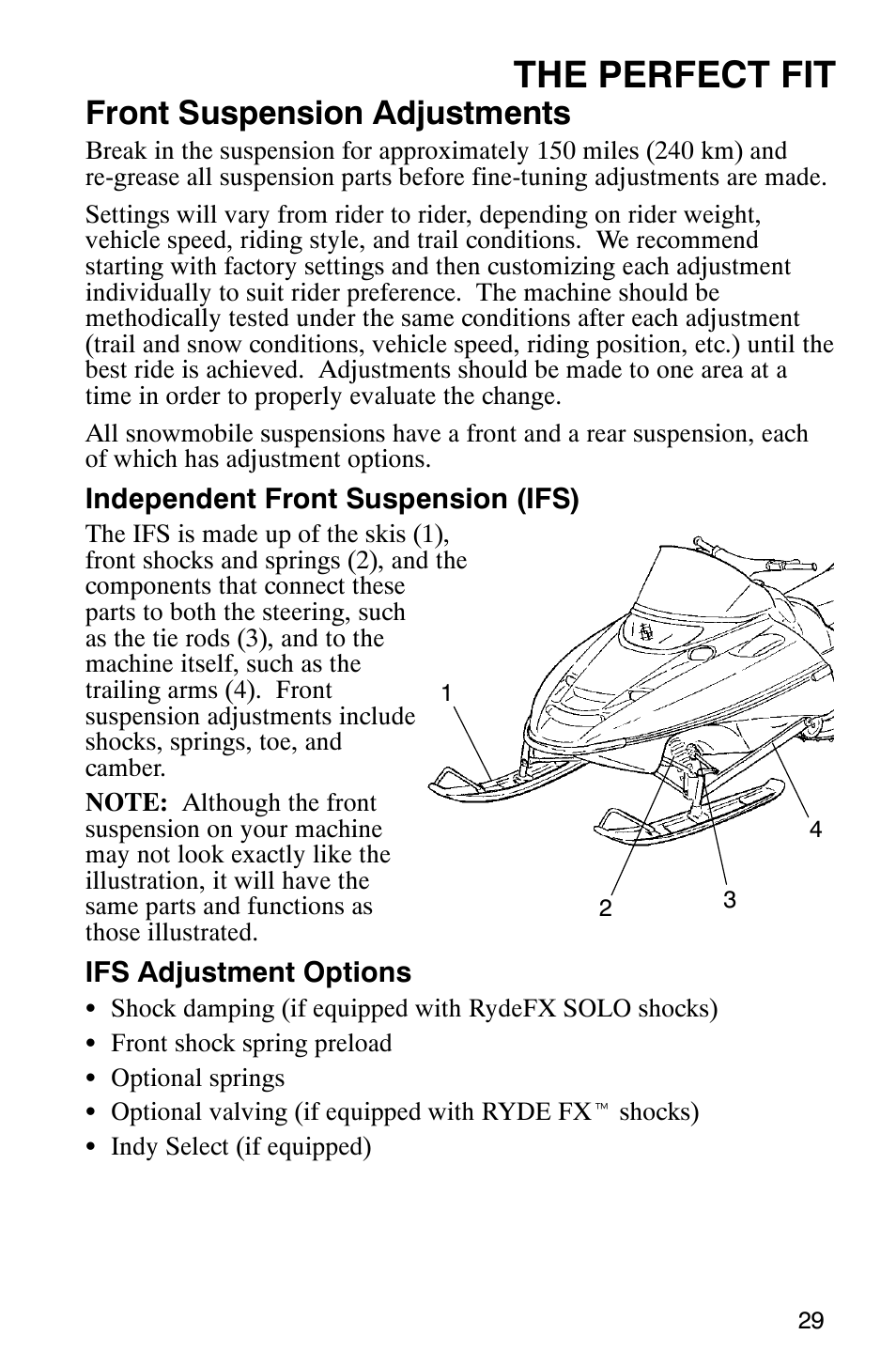 The perfect fit, Front suspension adjustments | Polaris 800 Switchback User Manual | Page 31 / 127