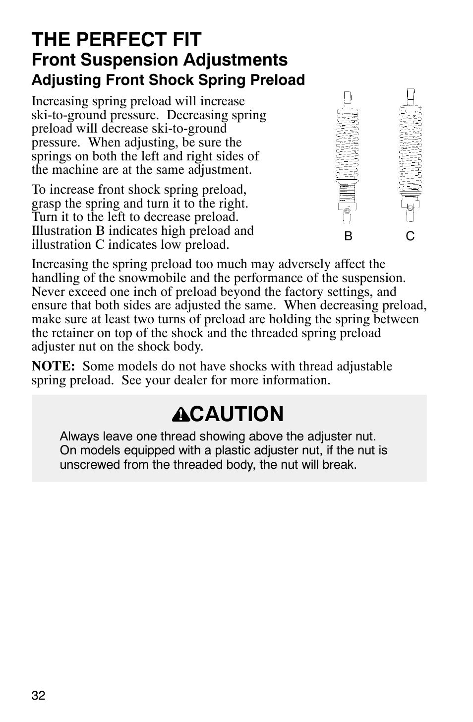 Caution, The perfect fit, Front suspension adjustments | Polaris 800 Switchback User Manual | Page 34 / 127