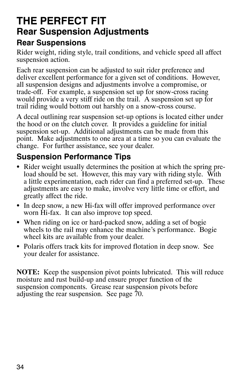 The perfect fit, Rear suspension adjustments | Polaris 800 Switchback User Manual | Page 36 / 127