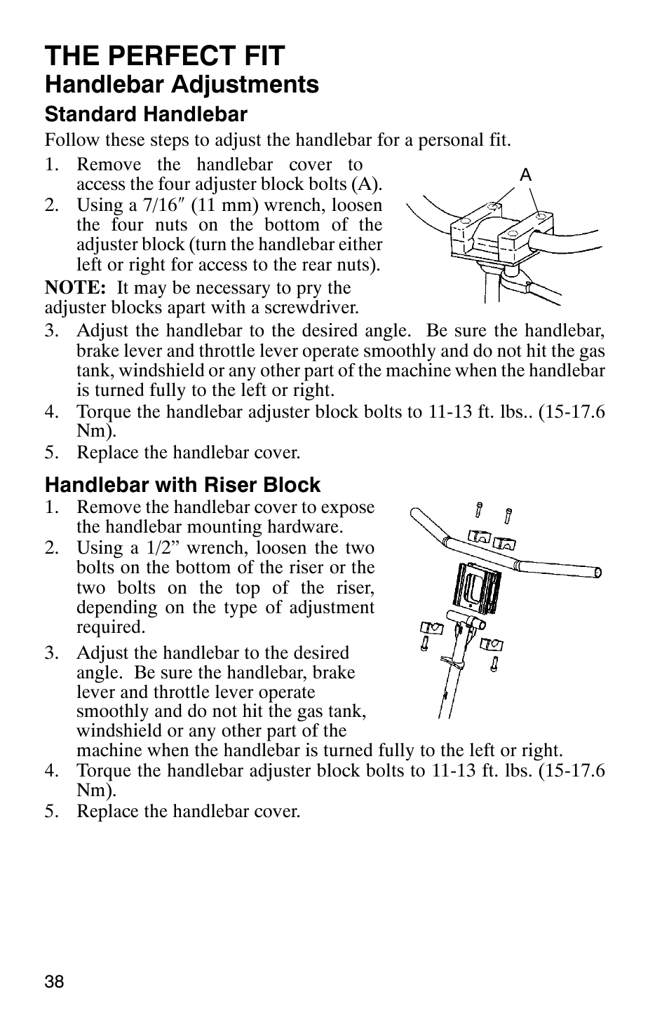 The perfect fit, Handlebar adjustments | Polaris 800 Switchback User Manual | Page 40 / 127