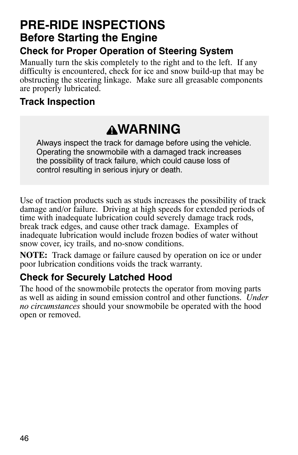 Warning, Pre-ride inspections, Before starting the engine | Polaris 800 Switchback User Manual | Page 48 / 127