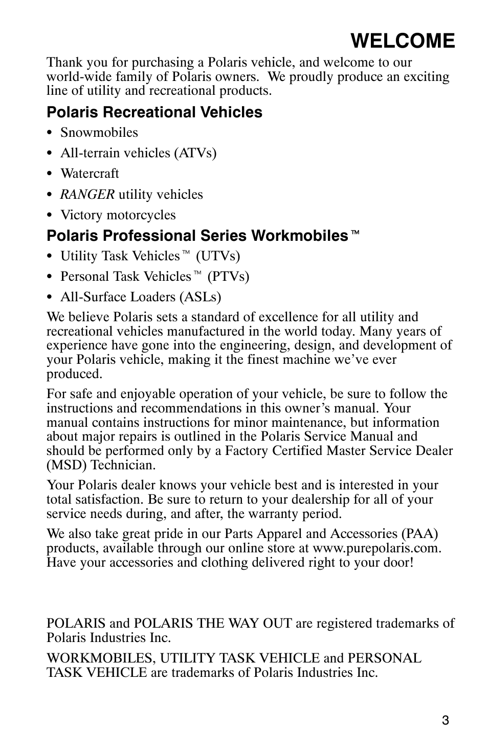 Welcome | Polaris 800 Switchback User Manual | Page 5 / 127