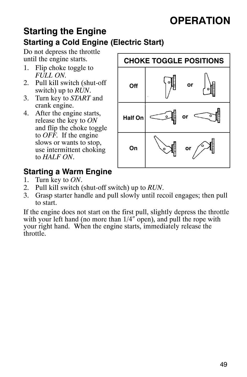 Operation, Starting the engine | Polaris 800 Switchback User Manual | Page 51 / 127