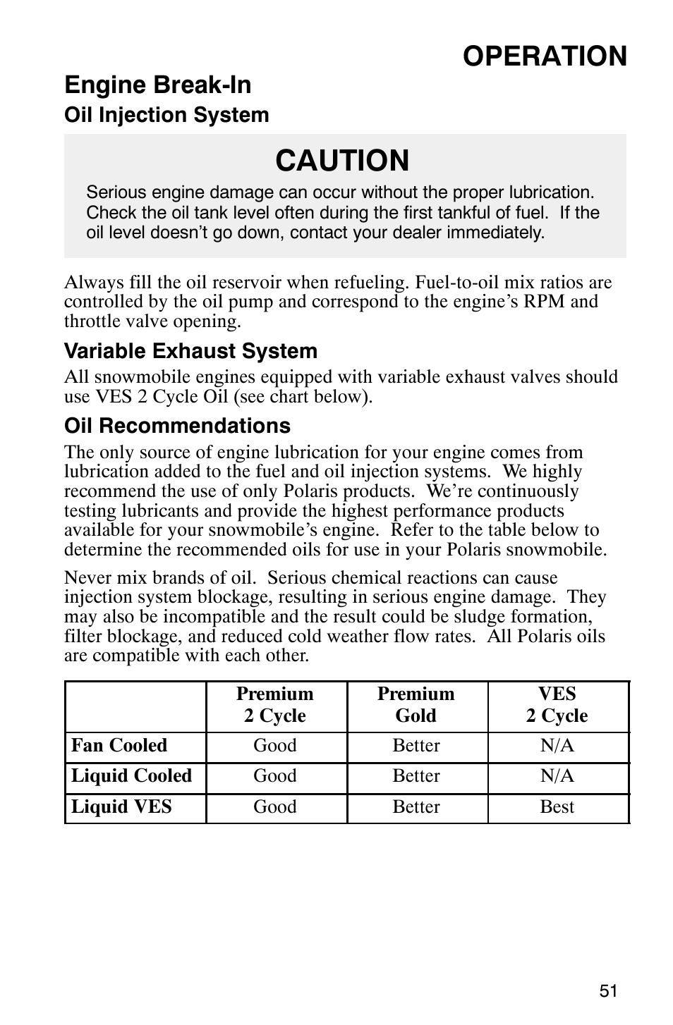 Caution, Operation, Engine break-in | Polaris 800 Switchback User Manual | Page 53 / 127