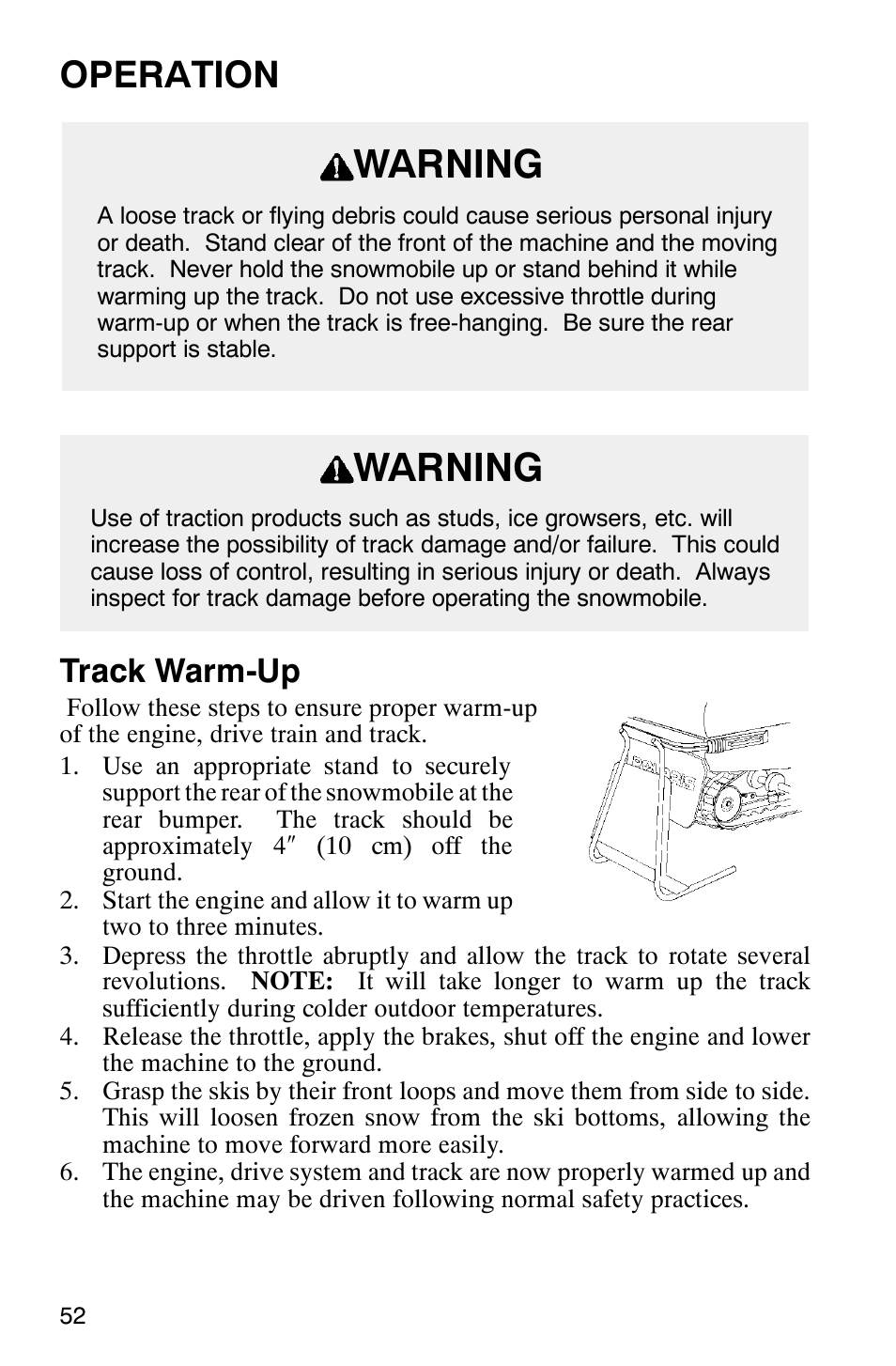 Warning, Operation, Track warm-up | Polaris 800 Switchback User Manual | Page 54 / 127