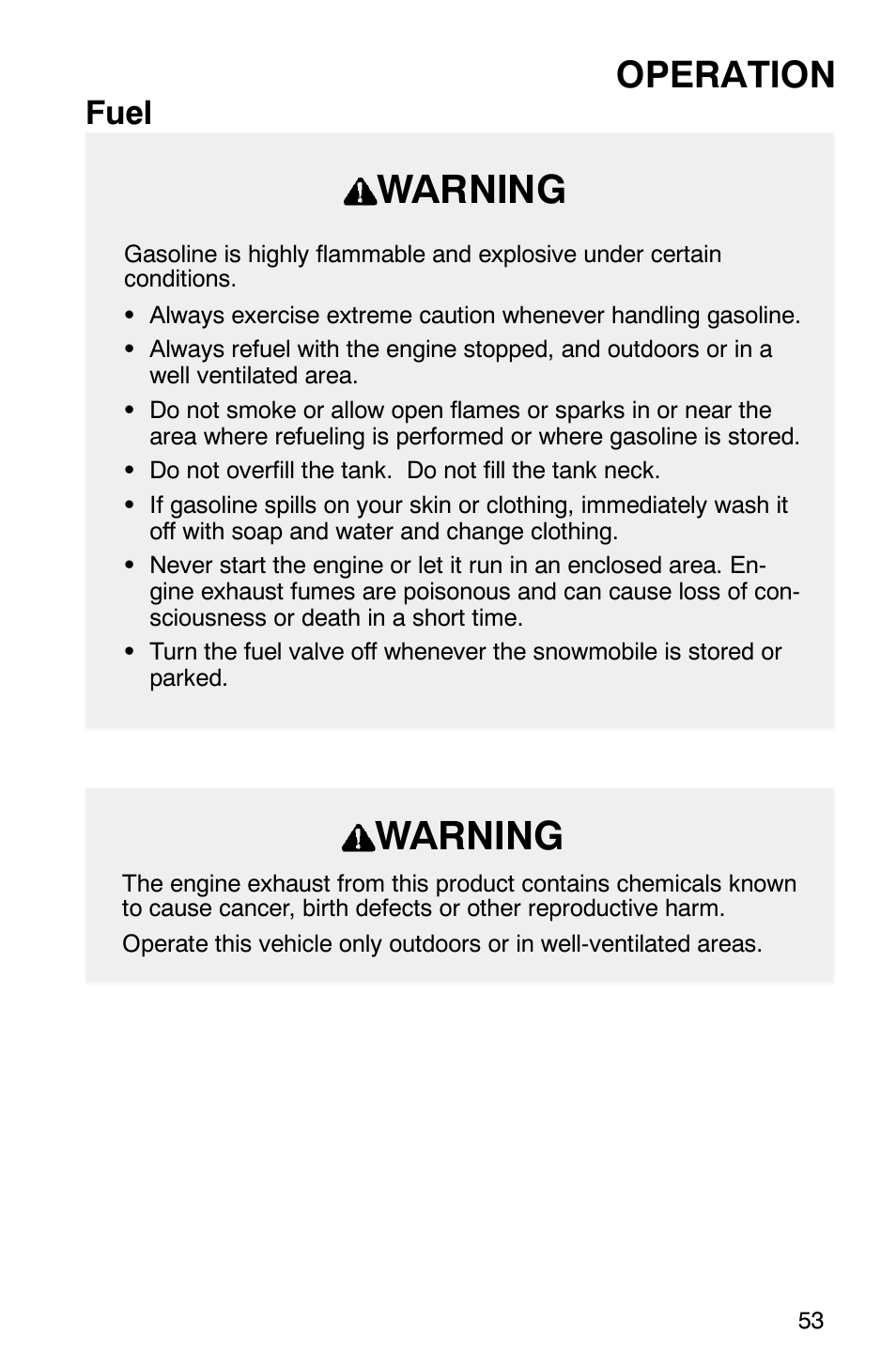 Warning, Operation, Fuel | Polaris 800 Switchback User Manual | Page 55 / 127