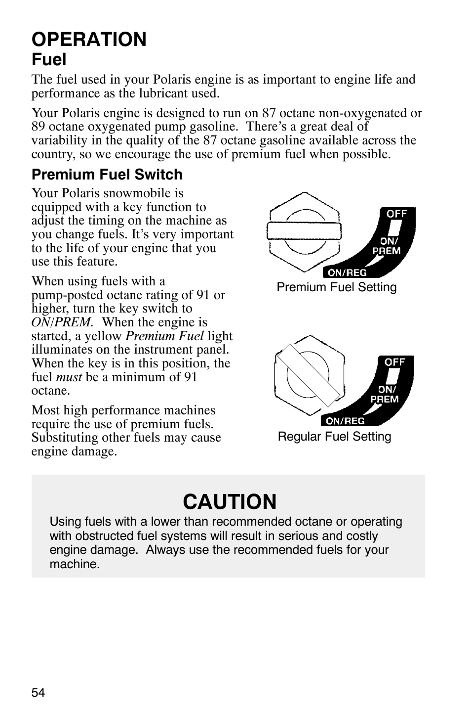 Caution, Operation, Fuel | Polaris 800 Switchback User Manual | Page 56 / 127
