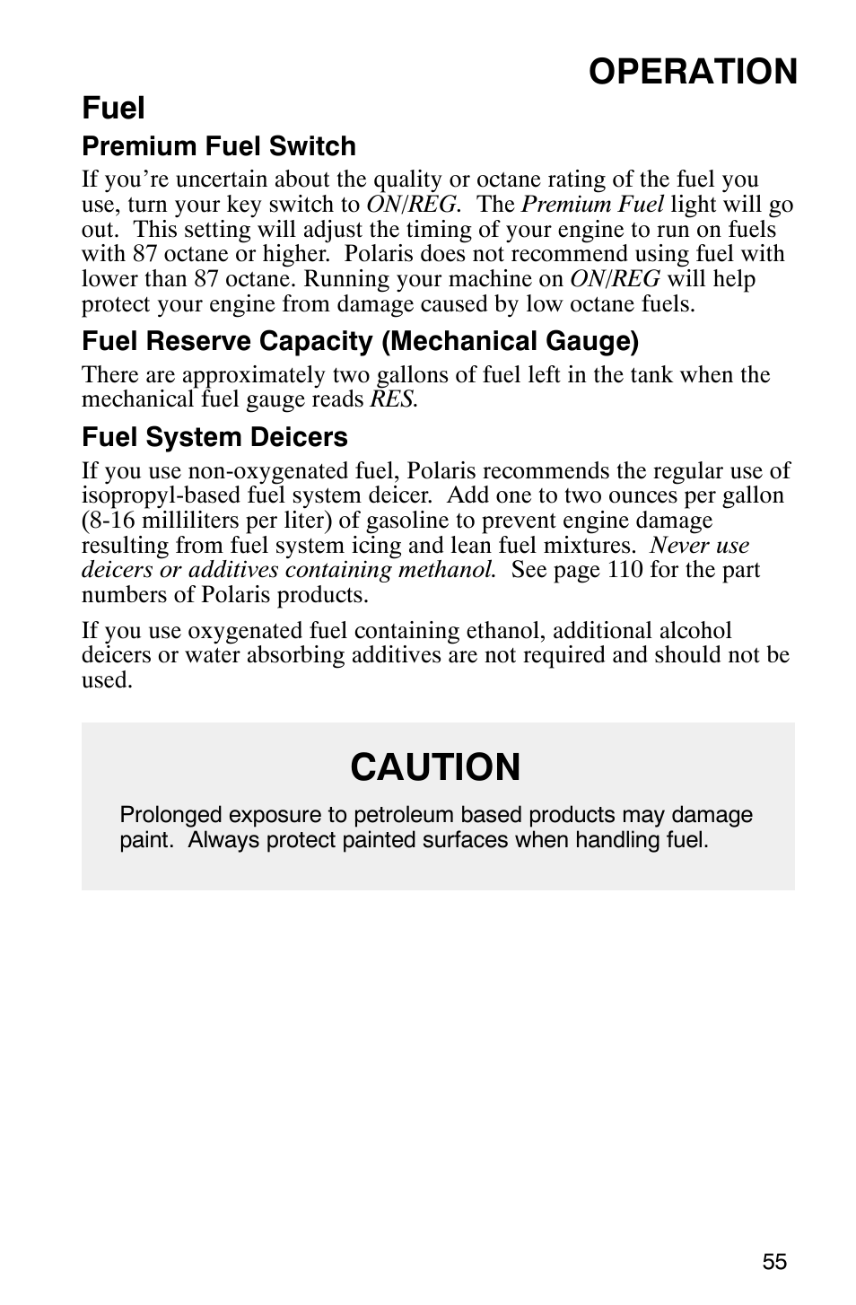 Caution, Operation, Fuel | Polaris 800 Switchback User Manual | Page 57 / 127