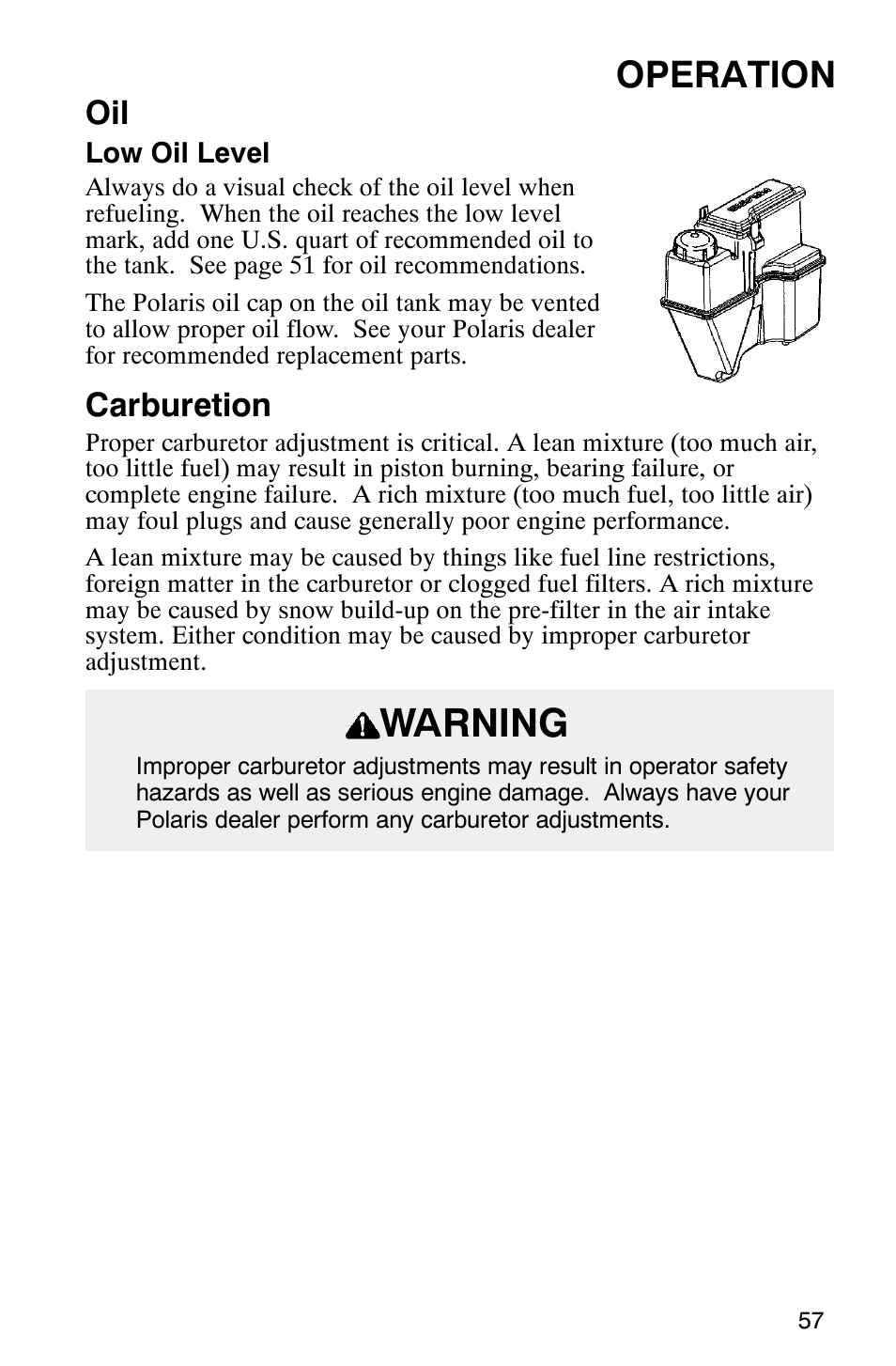 Warning, Operation, Carburetion | Polaris 800 Switchback User Manual | Page 59 / 127