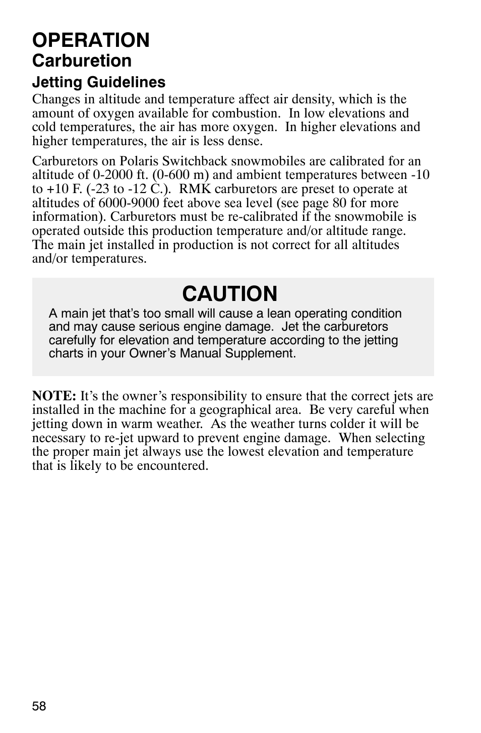 Caution, Operation, Carburetion | Polaris 800 Switchback User Manual | Page 60 / 127